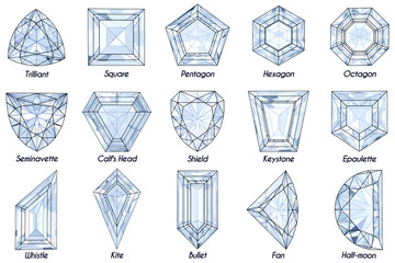 Fifteen fancy diamond shapes with titles on white background. - obrazy, fototapety, plakaty