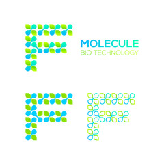 Fototapeta premium Letter F Logotype with Green Leave and Dots cross, Molecular cell structure concept, Nano Technology and Ecology Biology logo, Eco Plant Icons, Chemistry and DNA Symbols, Science Laboratory Signs