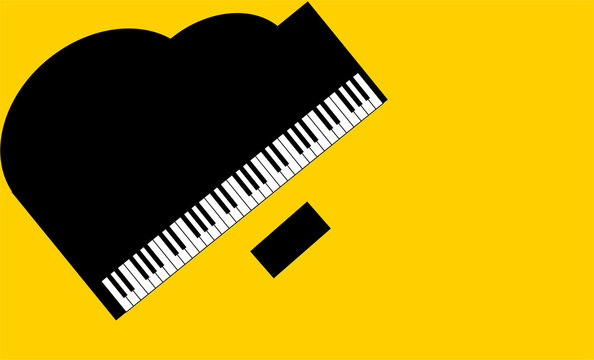 Top view of Black piano on  yellow background