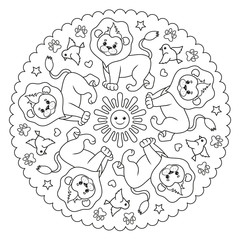 Coloring page mandala with a lion. Vector Illustration.