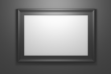 Large wide black shiny photo image frames with copy blank space on black background. 3d illustration.