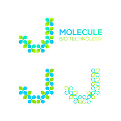 Letter J Logotype with Green Leave and Dots cross, Molecular cell structure concept, Nano Technology and Ecology Biology logo, Eco Plant Icons, Chemistry and DNA Symbols, Science Laboratory Signs
