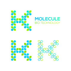 Letter K Logotype with Green Leave and Dots cross, Molecular cell structure concept, Nano Technology and Ecology Biology logo, Eco Plant Icons, Chemistry and DNA Symbols, Science Laboratory Signs