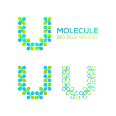 Letter U Logotype with Green Leave and Dots cross, Molecular cell structure concept, Nano Technology and Ecology Biology logo, Eco Plant Icons, Chemistry and DNA Symbols, Science Laboratory Signs