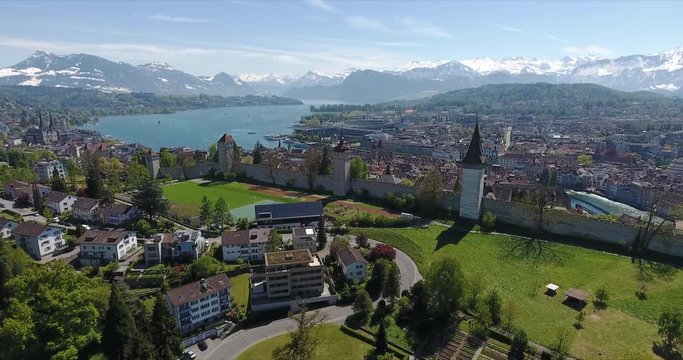 Aerial of Lucerne with the old city wall Museggmauer