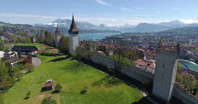 Aerial of Lucerne with the old city wall Museggmauer