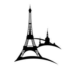 eiffel tower and paris city silhouette outline - tourism in french capital black vector emblem design