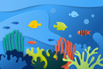 Fototapeta na wymiar Paper cut underwater ocean background with coral reef, fishes, seaweed, bubbles and waves. Paper cut coral reef banner. Ocean wildlife. Vector illustration