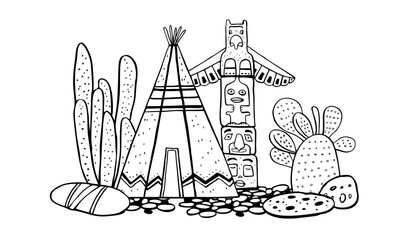 Native American traditional village. Tipi, totem pole and cactuses. Vector hand drawn outline doodle sketch illustration © Alexandra