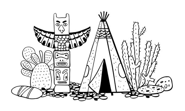 Native American indians traditional settlement. Tipi, totem pole and cactuses. Vector hand drawn outline doodle sketch illustration