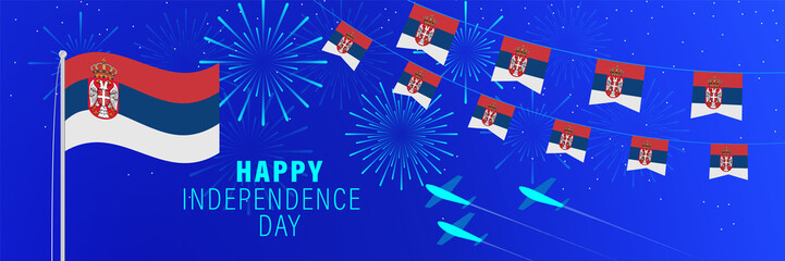 February 15 Serbia Independence Day greeting card. Celebration background with fireworks, flags, flagpole and text.