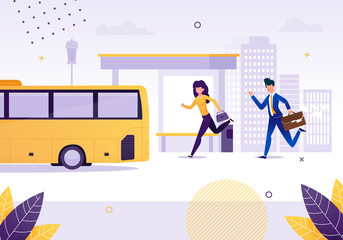 Girl and Businessman Running for Bus near Stop.