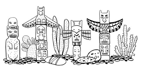 Native American traditional totem poles and catuses. Vector outline Hand drawn doodle sketch illustration. Group of four carved wooden figures