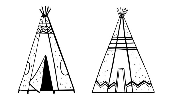 Native American indians traditional tipies. Two wigwams. Vector hand drawn outline doodle sketch illustration