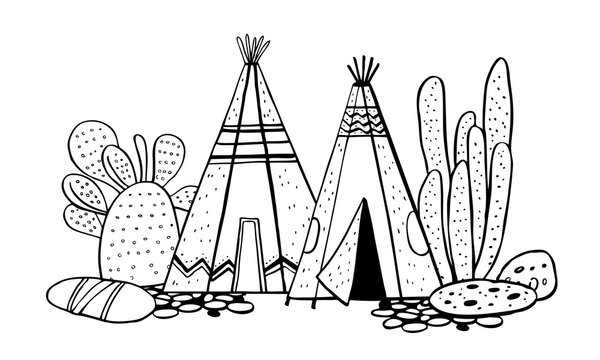 Native American indians traditional village. Two wigwams and cactuses. Vector hand drawn outline doodle sketch illustration