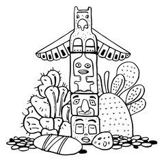Native American totem pole, stones and cactuses. Vector hand drawn outline doodle sketch illustration