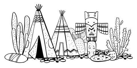 Native American indians traditional village. Two wigwams, totem pole and cactuses. Vector hand drawn outline doodle sketch illustration