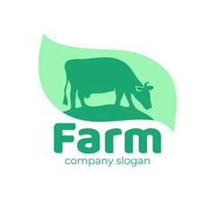 Farm animal logo, icon with cattle. Agro,milk sign. Cow in a meadow with green grass. Vector nature and eco green logotype. Design element for brand identity agricultural company. Dairy product label.