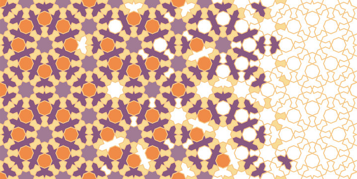 Arabesque islamic vector seamless pattern. Geometric halftone texture with color tile disintegration or breaking