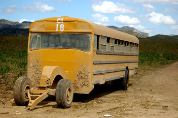 An abandoned yellow school bus