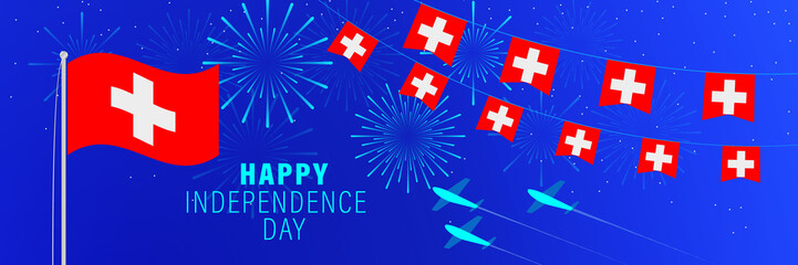 August 1 Switzerland Independence Day greeting card. Celebration background with fireworks, flags, flagpole and text.