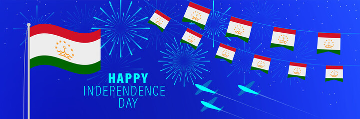 September 9 Tajikistan Independence Day greeting card. Celebration background with fireworks, flags, flagpole and text.