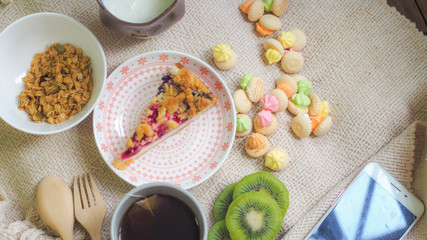Healthy morning meal. Greek yogurt, cereal and kiwi fruit in a glass. Healthy breakfast and dietary food. Loss weight mea