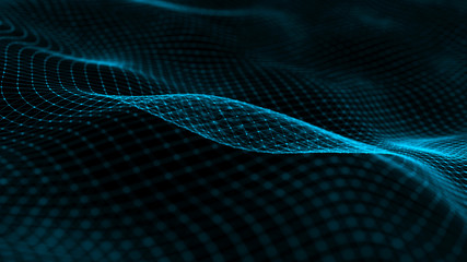 Wave with many dots. Network of bright particles connected by lines. Abstract digital background. 3d rendering.