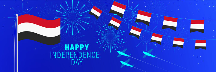 November 30 Yemen Independence Day greeting card. Celebration background with fireworks, flags, flagpole and text.