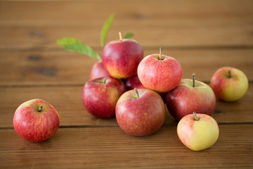 fruits, food and harvest concept - ripe red apples on wooden table