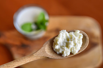 Close-up shot of a wooden spoon full of Kefir granules