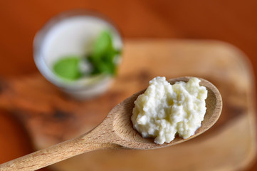 Close-up shot of a wooden spoon full of Kefir granules