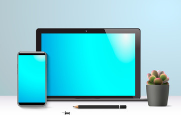 Realistic Laptop and Smartphone, workspace front view, with decor elements, flowers and blank copy space on white background, vector illustration.
