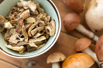 culinary, food and cooking concept - dried mushrooms in bowl on wooden background