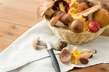 cooking and harvest concept - basket of different edible mushrooms, kitchen knife and towel on wooden table