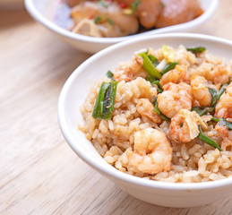 Braised shrimp over rice - Taiwan famous traditional street food. Soy-stewed prawn on cooked rice. Travel concept, top view, copy space, close up