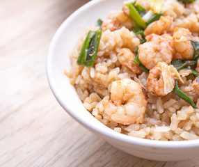 Braised shrimp over rice - Taiwan famous traditional street food. Soy-stewed prawn on cooked rice. Travel concept, top view, copy space, close up