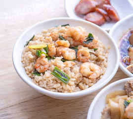 Braised shrimp over rice - Taiwan famous traditional street food. Soy-stewed prawn on cooked rice. Travel concept, top view, copy space, close up