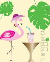 summer logo - flamingo cartoon - exotic tropical leaves and cocktail - yellow background