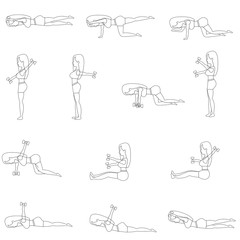 Fototapeta na wymiar Set beautiful of young girl doing exercises in the gym. Fit womens doing exercises for stomach tightening with weights. Flat vector illustration of line design. 