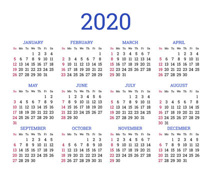 Simple classic calendar layout for 2020 year. English square template with basic grid on white background. Week starts from Sunday. Horizontal annual calendar vector light design for printing.