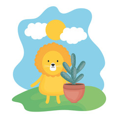 cute lion with exotic cactus in ceramic pot