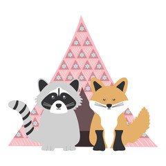 cute fox and raccoon in indian tent with bohemian style