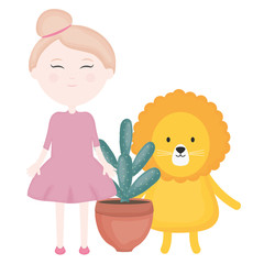 cute lion and girl with exotic cactus in ceramic pot