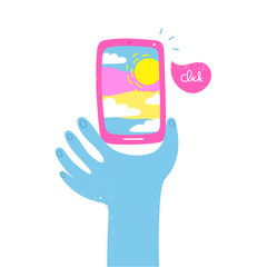 Click. Cartoon style hand holding a smartphone. Selfie pov. Reflection of the sun and clouds in the screen. Hand drawn bright vector trendy illustration. Flat design