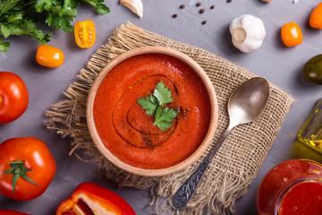 Cold summer dish of tomatoes gazpacho soup