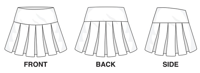 Isolated Skirt Dress object of clothes and fashion stylish wear fill in blank. Regular Leg Casual Trouser Pleated Layered Skirt Illustration Vector Template. Front, back and side view