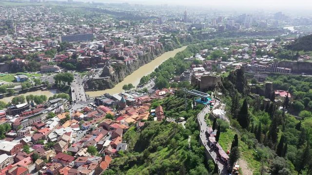 Tbilisi city. Aerial view. Fortress Narikala, the Kura River.