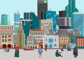 Poor bearded man begging for help. Beggar guy holding sign board. Homeless jobless musician on city streets. Cityscape background horizontal full length vector illustration of big city beggary.