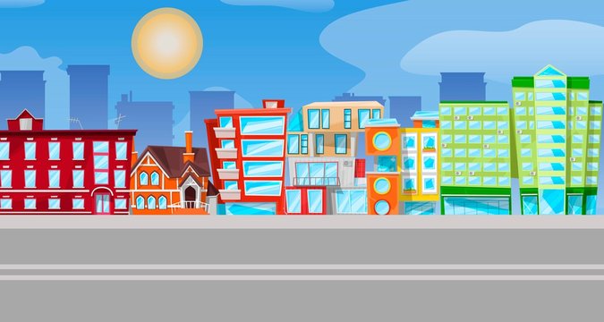 Vector flat cartoon urban panorama - cityscape with different city buildings - office center, private houses, cottages, highway with sun in the sky.